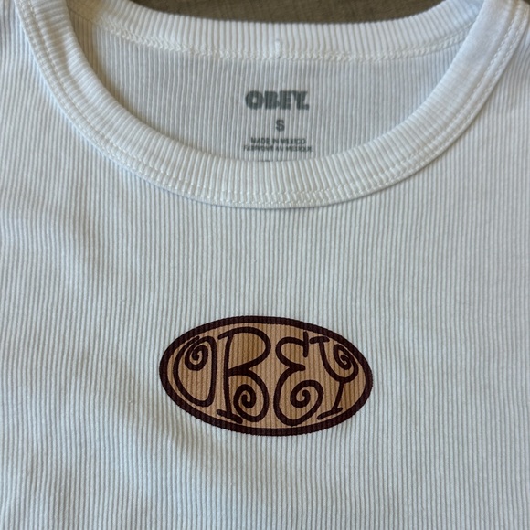 Obey ribbed White Tee with Brown Logo - Picture 2 of 5